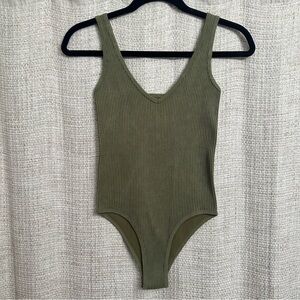 Aura Ribbed Tank Top Bodysuit Mineral Wash Olive Green Size S/M Neutral Basic